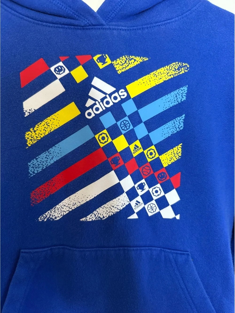 Adidas Boys' Blue Hoodie Sweatshirt with Colorful Graphic Design, Size M (10/12)